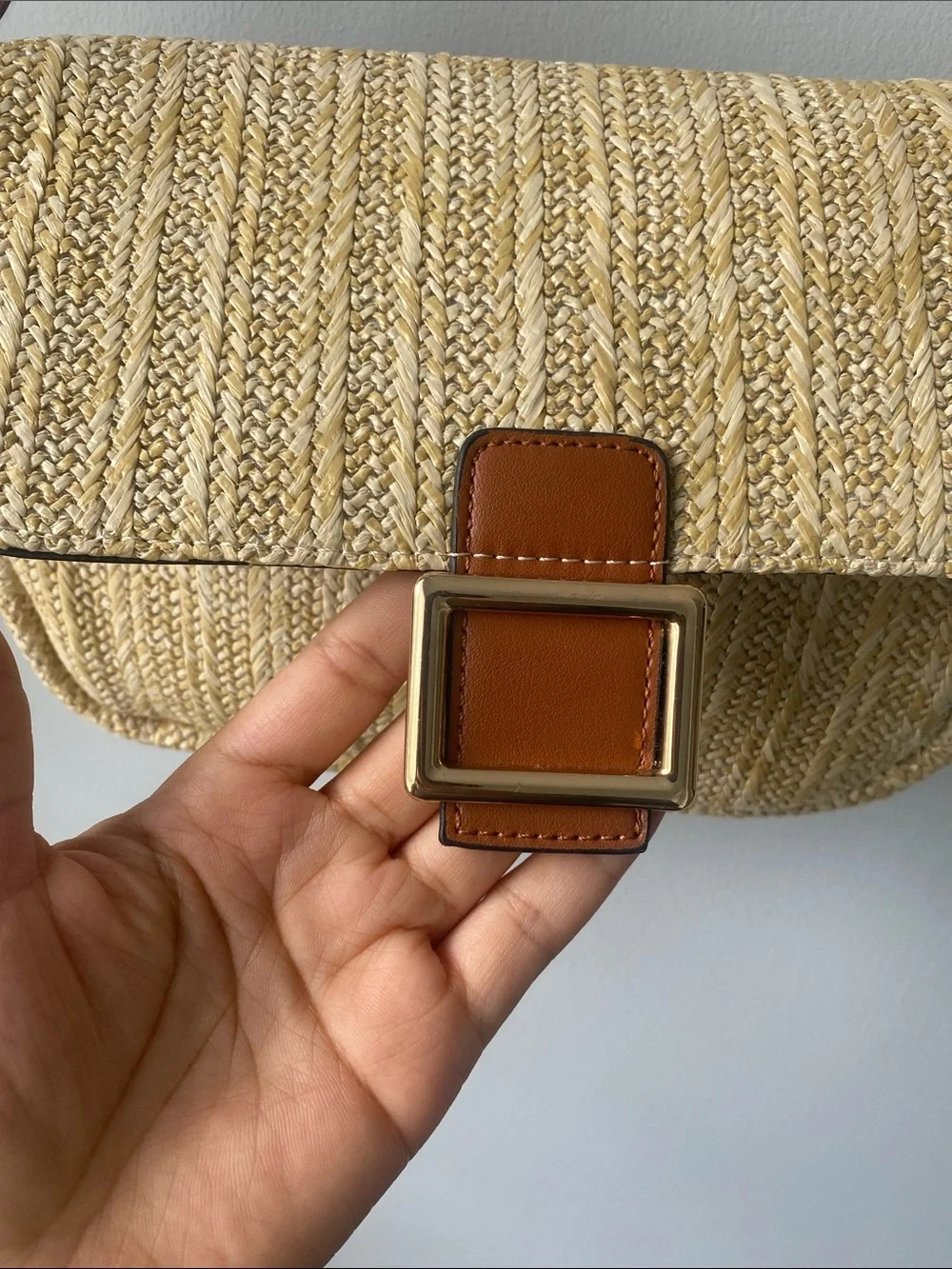 Woven Straw Shoulder Bag with Brown Leather Trim - Picture 9 of 10